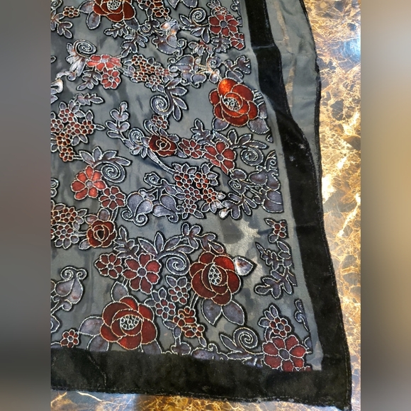 Vintage Black Red Velvet Silk Floral Scarf Wrap Sheer 60 Inch Women's - Picture 6 of 8